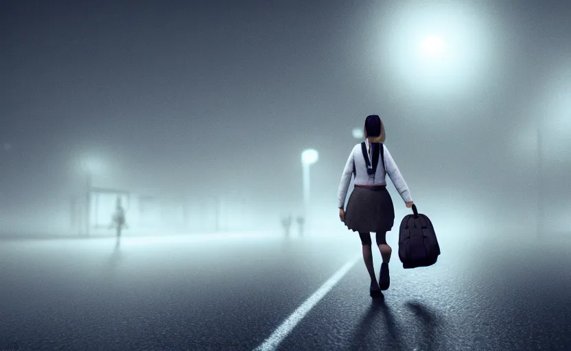 Image similar to school girl walking at night, gloomy and foggy atmosphere, octane render, cgsociety, artstation trending, horror scene, highly detailded