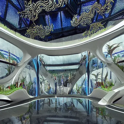 Image similar to extremely detailed ornate stunning beautiful futuristic museum lobby interior for aquatic life theme with large aquariums as the walls by Zaha Hadid