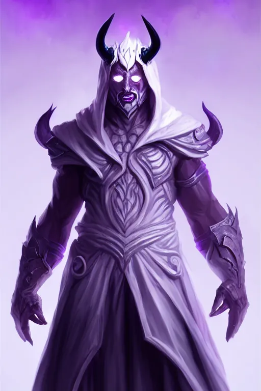 Prompt: man male demon, full body white purple cloak, warlock, character concept art, costume design, illustration, black eyes, white horns, trending on artstation, Artgerm , WLOP