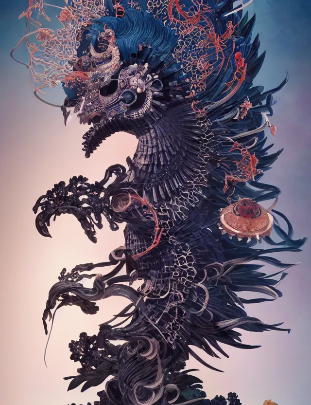 Image similar to 3 d goddess of hell close - up profile portrait with ram skull. beautiful intricately detailed japanese crow kitsune mask and clasical japanese kimono. betta fish, jellyfish phoenix, bio luminescent, plasma, ice, water, wind, creature, artwork by tooth wu and wlop and beeple and greg rutkowski