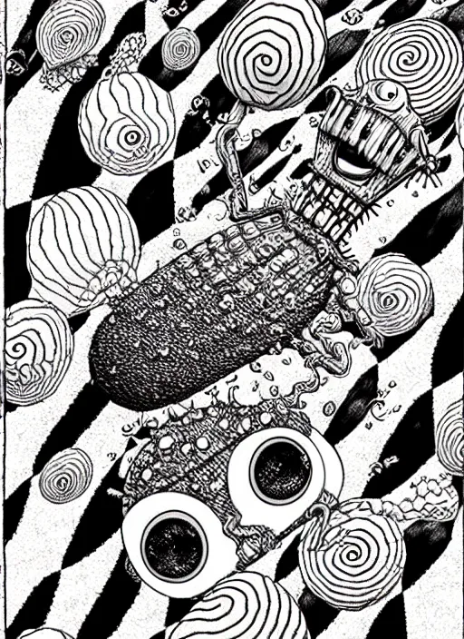 Image similar to junji ito style spongebob squarepants, intricate, highly detailed, illustration, art by junji ito, junji ito