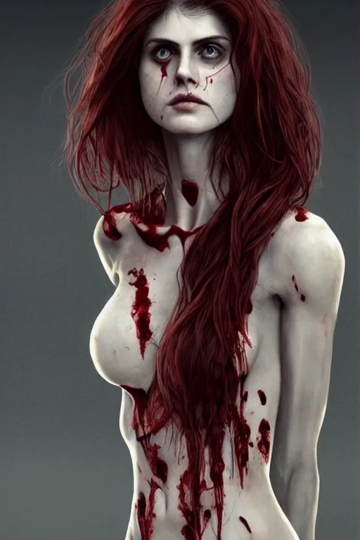 Image similar to woman skeleton body!!, black bones!!, covered with blood, alexandra daddario face!!, long red hair, ultra realistic, concept art, intricate details, highly detailed, photorealistic, octane render, 8 k, unreal engine. retro film still, heavy grain, 3 5 mm, art by artgerm and greg rutkowski and alphonse mucha