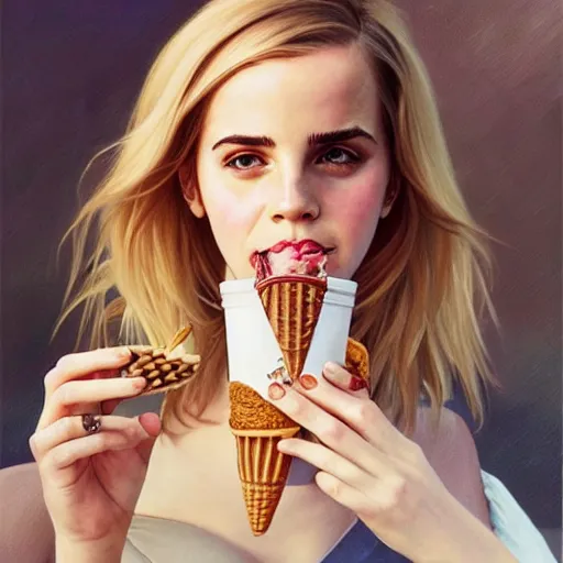 Prompt: portrait of a blonde emma watson eating ice creams in porto, real life skin, intricate, elegant, highly detailed, artstation, concept art, smooth, sharp focus, art by artgerm and greg rutkowski and alphonse mucha