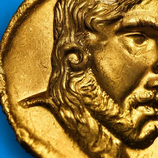 Image similar to an ancient roman gold coin with the face of drake, close up photo, ultra realistic, studio photo, bokeh.