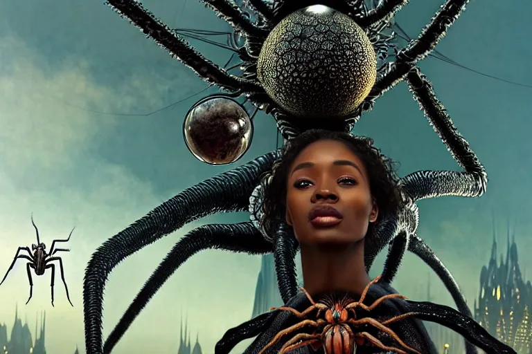 Prompt: realistic detailed photorealistic closeup portrait movie shot of a beautiful black woman riding a giant spider, dystopian city landscape background by denis villeneuve, amano, yves tanguy, alphonse mucha, ernst haeckel, edward robert hughes, roger dean, cyber necklace, rich moody colours, sci fi patterns, wide angle