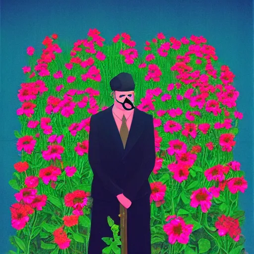 Image similar to a man with a moustache standing in front of flowers, a character portrait by jack smith, tumblr contest winner, aestheticism, masculine, aesthetic, ilya kuvshinov