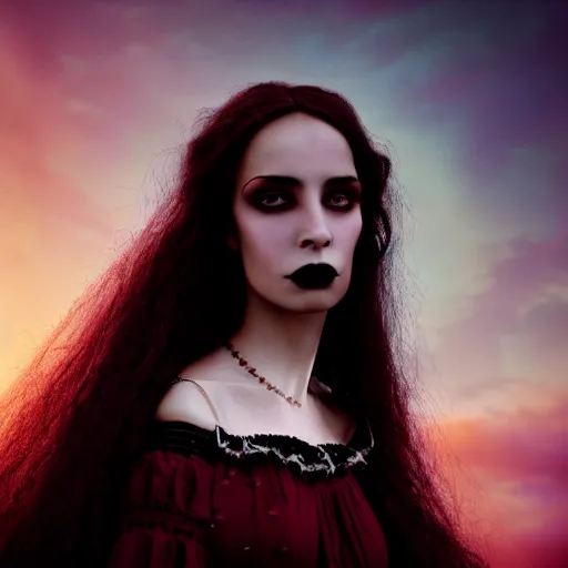 Image similar to photographic portrait of a stunningly beautiful latina gothic renaissance female in soft dreamy light at sunset, soft focus, contemporary fashion shoot, in a tim burton movie, by edward robert hughes, annie leibovitz and steve mccurry, david lazar, jimmy nelsson, extremely detailed, breathtaking, hyperrealistic, perfect face, octane render