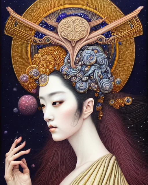 Image similar to portrait of a beautiful celestial goddess, unusual beauty, esoteric, muted colors, head in focus, fantasy art, ornamental aesthetics intricate, elegant, highly detailed, hyperrealistic painting, artstation, concept art, painterly, sharp focus, illustration, art by chie yoshii