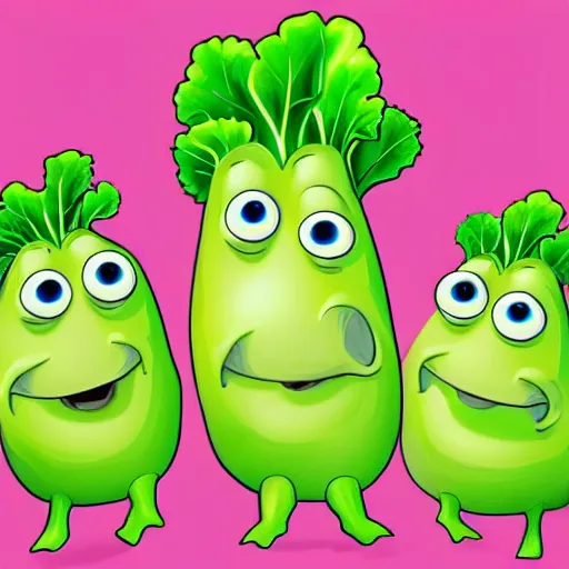 Prompt: “ cartoon group portrait of lettuce, turnip and a pea pod, they are holding guns in one hand each, Pixar style, each vegetable has eyes, Solid colour background”