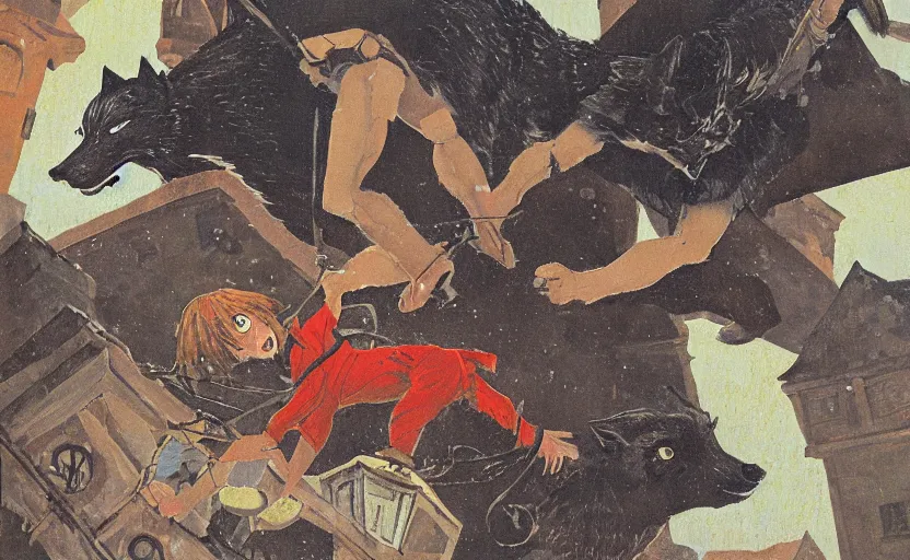 Prompt: a boy fighting a wolf on the edge of a clocktower, by peter chan gouache, print