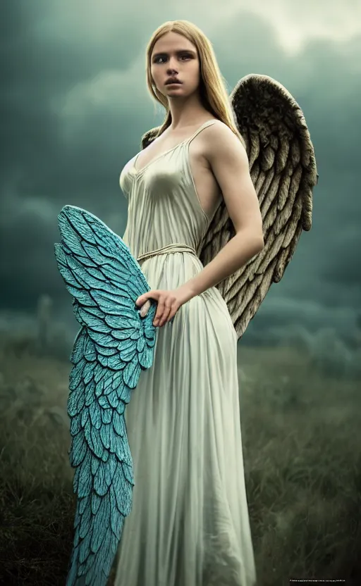 Image similar to angel, big wings, low key light, full plate armor with cloth, f 2. 8, bokeh, medium portrait, gentle, female, dark ruins, landscape, d & d, fantasy, intricate, elegant, highly detailed, teal white gold color palette, roger deakins, sharp focus, greg rutkowski and alphonse mucha