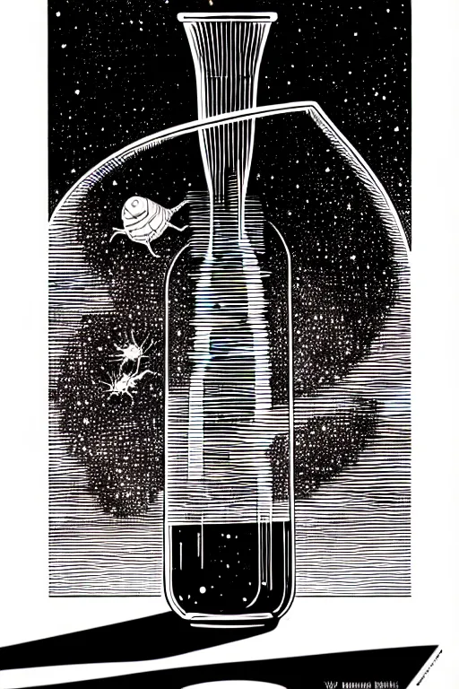 Image similar to an erlenmeyer flask with a caterpillar inside, bold line art, by vincent di fate and joe fenton, inking, etching, screen print, masterpiece, trending on artstation, sharp, high contrast, hyper - detailed, hd, 4 k, 8 k