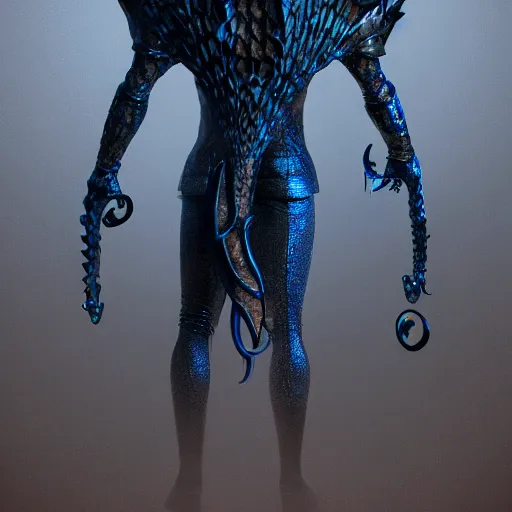 Image similar to detailed hypperrealistic artstation render, full body front view of a scaly black cloaked man, wearing a metallic blue squid mask. he holds in his hand a large knights blue greatsword, in addition tentacles emerge from his back like wings