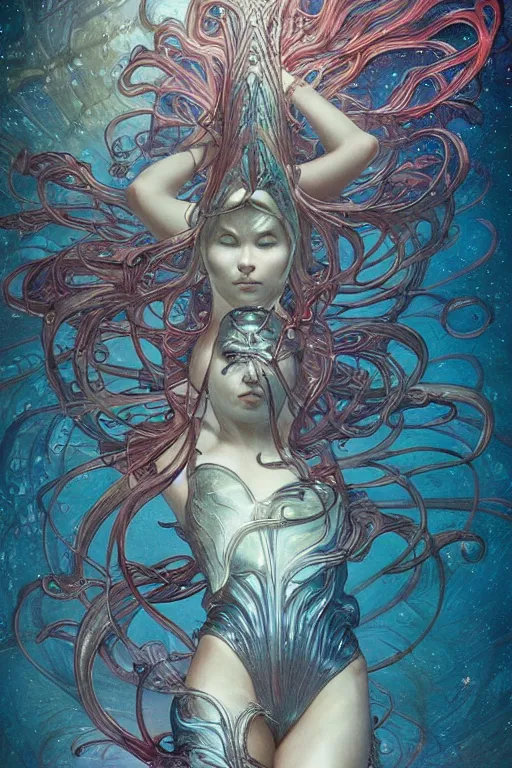 Image similar to swimming through time, by artgerm and yoshitaka amano and moebius and hr giger and zdislaw beksinski and alphonse mucha, hyperdetailed, glamour, surreal, dc comics, ornate, nebula, explosions in the sky, trending on artstation