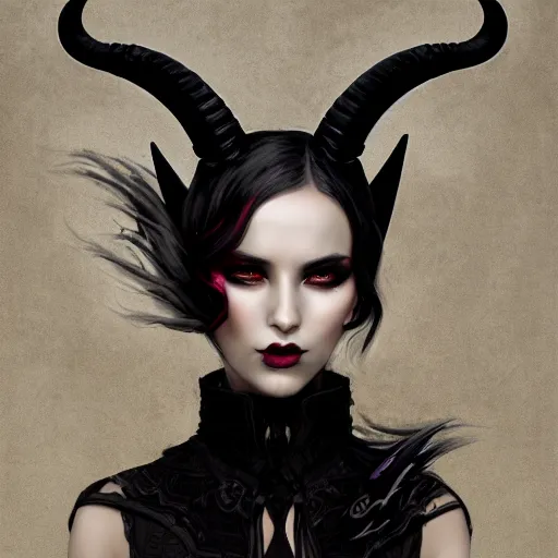 Prompt: cool and bored looking succubus, portrait of a lady demon all dressed in black, beautiful face and eyes, ram horns on her head, highly detailed, cel shaded, cinematic shot, trending on artstation, high quality, detailed and chaotic background, brush strokes all over, by tom bagshaw and jama jurabaev