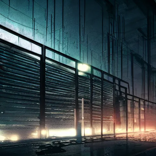 Prompt: cyberpunk futuristic prison, prison complex, dark, barbed wire fence, barred windows, moody atmosphere, chains, police lights, ultra - realistic, night photography, artstation award
