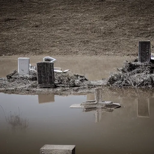 Image similar to The land art shows a grave that has been flooded with water. The grave is located in a cemetery in Italy. The water in the grave is dirty and there is trash floating in it. The grave is surrounded by a fence. by Johannes Voss desaturated