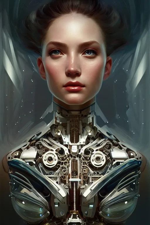 Prompt: beautiful female mechanical android!, half portrait, 3 / 4 pose, intricate detailed environment, photorealistic!, floro details, intricate, elegant, highly detailed, digital painting, artstation, concept art, smooth, sharp focus, illustration, art by artgerm and greg rutkowski and alphonse mucha