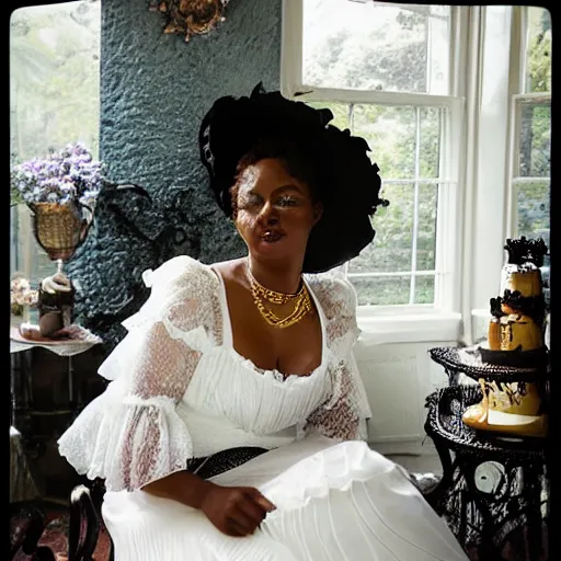 Prompt: fantasy, glow, shimmer, beautiful black victorian woman in a long white frilly lace dress and a large white hat, cow hoof feet, having tea in a sunroom