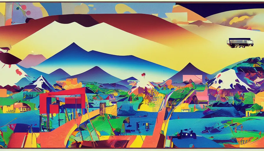 Image similar to award winning graphic design poster, cutouts constructing an contemporary art depicting a lone mount fuji and hills, rural splendor, and bullet train, isolated on white, and bountiful crafts, local foods, edgy and eccentric abstract cubist realism, composition confined and isolated on white, mixed media painting by Leslie David and Lisa Frank for juxtapose magazine