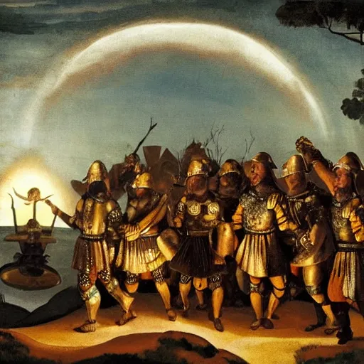 Prompt: A group of armoured Spanish conquistadors holding lanterns on a sandy beach Cove in middle of a magical forest in a dark night. Inca ruins in the background. Pale crescent moon in the sky. Painting by Michelangelo