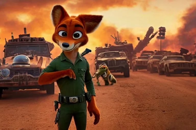 Image similar to nick wilde ( from zootopia ), heavily armed and armored facing down armageddon in a dark and gritty reboot from the makers of mad max : fury road