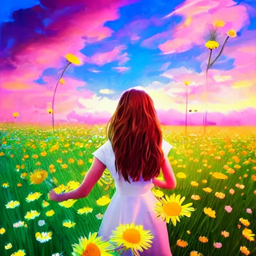 Image similar to girl face made of giant daisies, standing in a flower field, holding flowers, surreal photography, sunset dramatic light, impressionist painting, colorful clouds, large sky, digital painting, artstation, simon stalenhag