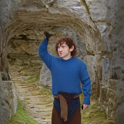 Image similar to hobbit wearing a white men's crossbody sling chest bag and blue sweater