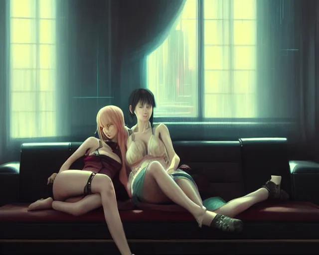 Prompt: a painting of two women sitting on a couch, cyberpunk art by wlop, cgsociety, fantasy art, anime aesthetic, anime, dystopian art, true anatomy, extremely beautiful face, extremely detailed face