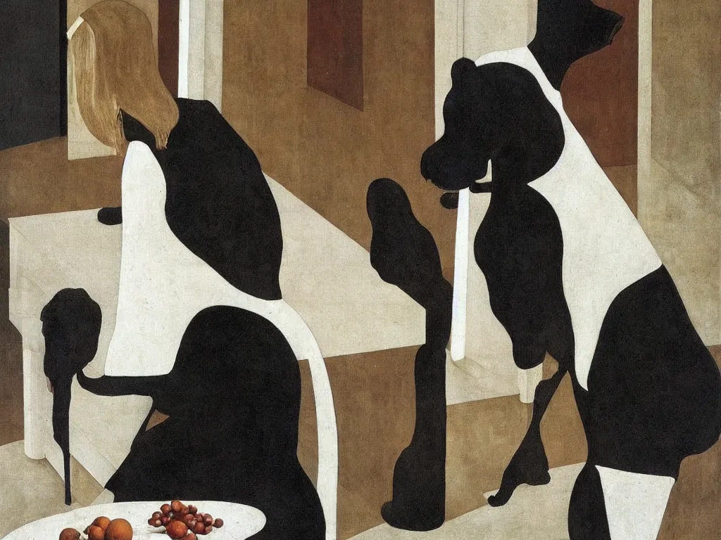 Image similar to Black dog, table, white dress. Alex Colville, Piero della Francesca