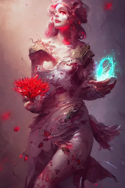 Image similar to beautiful girl necromancer covered with blood exploding crystals, 3 d render, hyper realistic detailed portrait, holding magic flowers, scifi, fantasy, hyper detailed, octane render, concept art, peter mohrbacher, artgerm, ruan jia, wlop