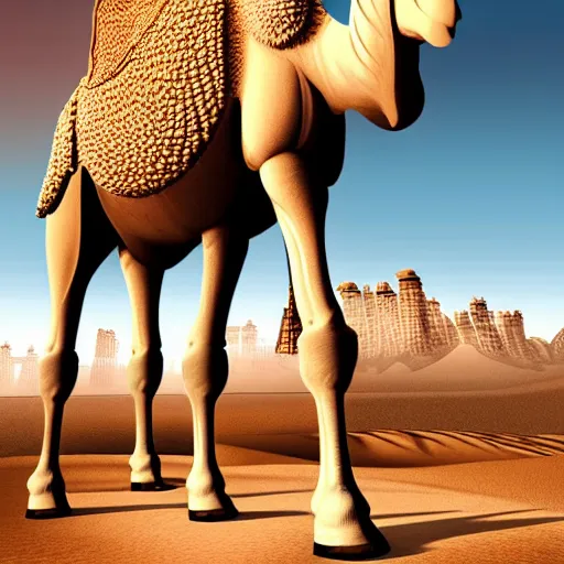 Prompt: a giant camel with an entire city on its back, photorealistic, highly detailed, desert