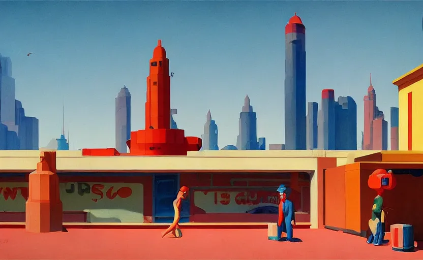 Image similar to Sowers and farmers in a Martian city built in 1930, very coherent, painted by Edward Hopper, painted by James Gilleard, airbrush, art by JamesJean