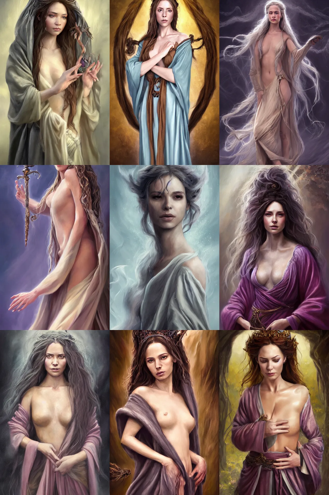 Prompt: a full body high detail fantasy portrait oil painting illustration of a single beautiful young elegant sorceress woman with flowing hair in a worn travel robe by Justin Sweet with face and body clearly visible, pupils visible, realistic proportions, d&d, rpg, forgotten realms, artstation trending, high quality, sombre mood, artstation trending, muted colours, no crop, entire person visible!,