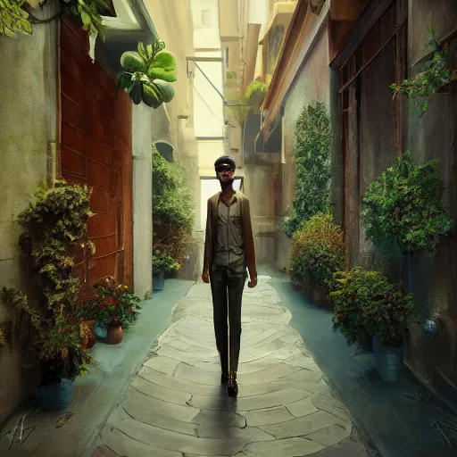 Image similar to a painting of a person walking down a bronze art-deco alley lined with plants, a detailed matte painting by Anka Zhuravleva, cgsociety, light and space, rendered in unreal engine, artstation hq, artstation hd