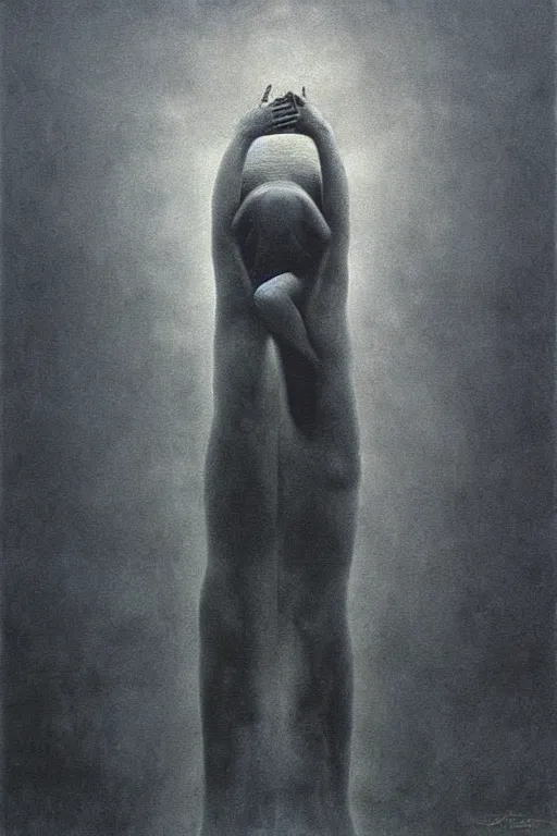 Image similar to existential crisis by Zdzisław Beksiński, intrincate, detailed, moody, dark, oppressive