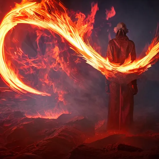 Image similar to novice sorcerer summons a cataclysmic conflagration of fire, epic, cinematic, octane render, extremely detailed, fantasy, 8 k