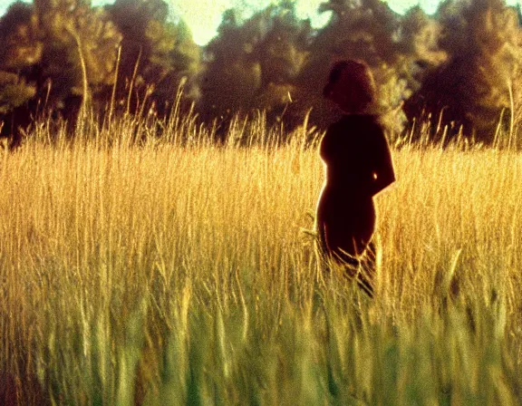 Prompt: long grass field with figure film still 1 9 9 2, overexposed muted colors