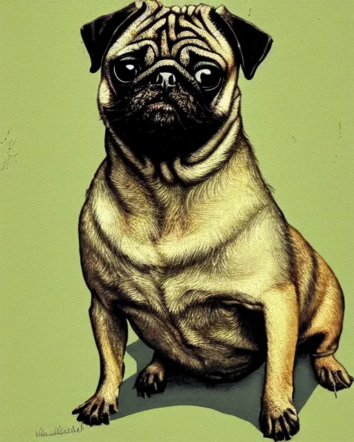 Image similar to a masterpiece painting of a pug dog portrait, in the style of artur bordalo, digital art, muted colors