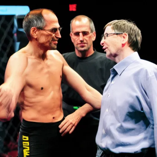 Image similar to steve jobs fighting bill gates, ultimate fighting championship