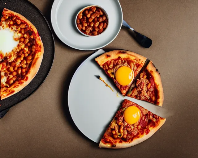 Image similar to dslr food photograph of a mouthwatering pizza with baked beans and egg on, 8 5 mm f 1. 4