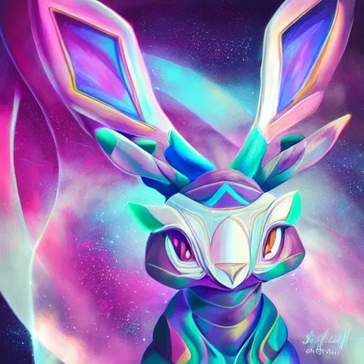 Image similar to geometric symmetrical sylveon with galaxy eyes in space, nebula in the background, intricate, elegant, highly detailed, digital painting, artstation, concept art, smooth, sharp focus, illustration, art by artgerm