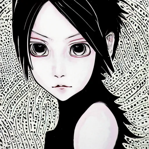 Prompt: Yoshitaka Amano style portrait of an anime girl with short white hair and eyepatch wearing suit with patterns, abstract black and white background in the style of Junji Ito, film grain effect, highly detailed, oil painting, expressive brush strokes