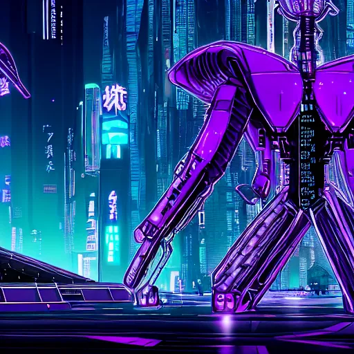 Image similar to Giant Purple Amethyst in cyberpunk neon Tokyo in style of Tsutomu Nihei. Cyberpunk, vertical symmetry, 8K, Highly Detailed, Intricate.