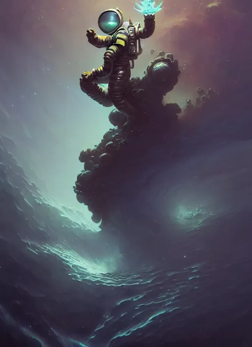 Prompt: close up shot of a full body floating astronaut portrait water elemental, james gurney, peter mohrbacher, mike mignola, exquisite detail perfect, hyper detailed,, black background, trending on artstation, by jordan grimmer, huge scene, art greg rutkowski