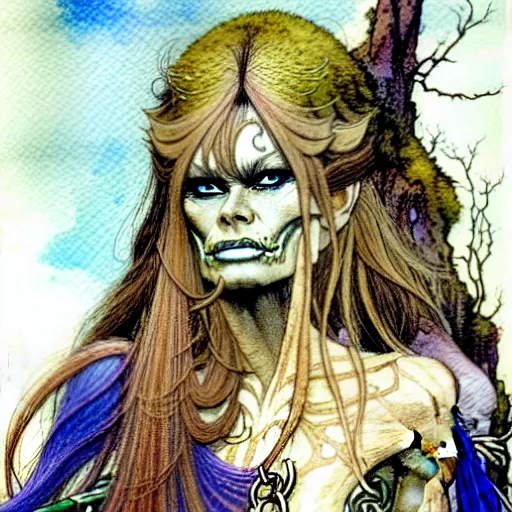 Image similar to a realistic and atmospheric watercolour fantasy character concept art portrait of brigitte bardot as a druidic warrior wizard looking at the camera with an intelligent gaze by rebecca guay, michael kaluta, charles vess and jean moebius giraud