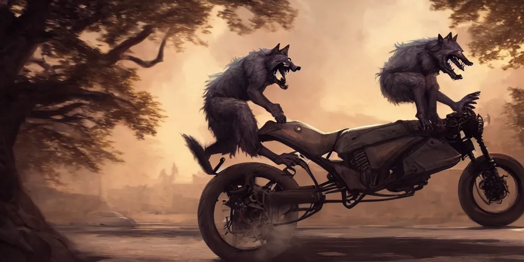 Prompt: Crazy werewolf riding a motorbike, level design, Greg Rutkowski, artstation, CGSociety, Unreal Engine, matte paiting, ultra realistic, award winning, artstation, unreal render