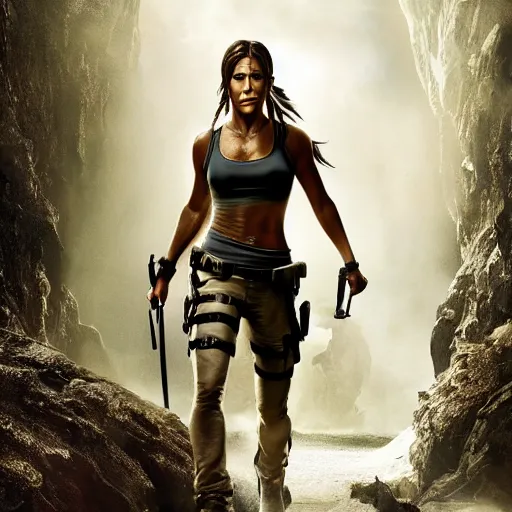 Prompt: jennifer Aniston as lara croft, realistic, 8k resolution, hyperdetailed, highly detailed, real life, studio lighting, high quality, dramatic shot,