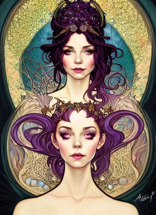 Prompt: fantastic portrait of a beautiftul witch aside a fire magic book, royally decorated crystal gemstones, symmetrical face, art nouveau, portrait, cute, fairy, by artgerm, kelly mckernan, charlie bowater, alphonse mucha, detailed background, artstation, intricate, elegant, highly detailed