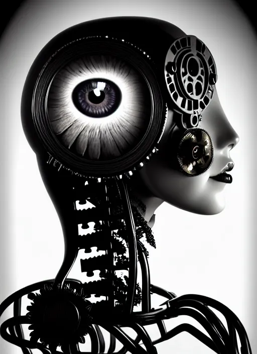 Image similar to black and white dreamy foggy profile face portrait, one steampunk eye biomechanical beautiful young female cyborg - robot, body ribs meshes, big monocular, volumetric light, hibiscus flowers, by hg giger, rim light, by dora maar and cecile beaton, big gothic fashion pearl embroidered collar, 8 k